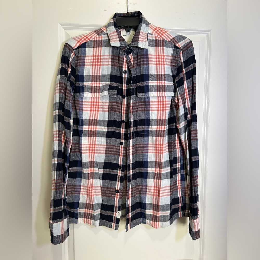 American Eagle Outfitters Blue and Orange Casual Button Down Shirt